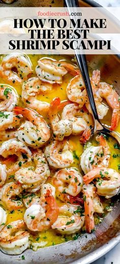 the shrimp is being cooked in a skillet and garnished with parsley