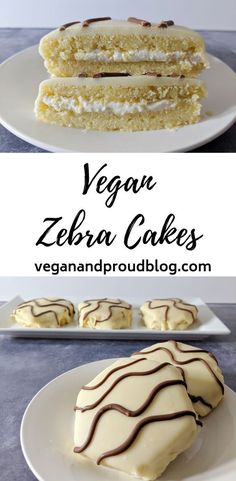 vegan zebra cakes with white frosting and chocolate drizzles