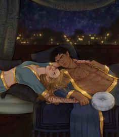 a man and woman laying on top of a bed in front of a night sky