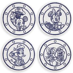 four mickey mouse coasters with blue and white designs