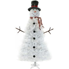 a white christmas tree with a snowman on top