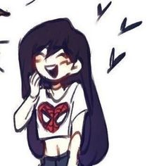 a drawing of a girl with long black hair and a spider - man t - shirt