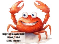 a cartoon crab with big eyes sitting on top of a piece of paper and smiling