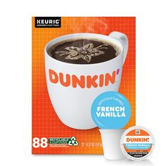 dunkin'french vanilla coffee pods, 8 count box and sticker pack for keuric