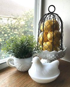 two white vases with plants in them sitting on a window sill next to a bird cage