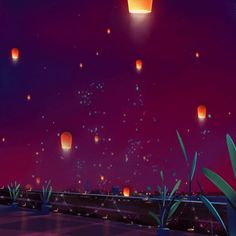 some paper lanterns floating in the air over a cityscape at night with purple and blue hues