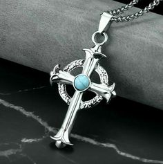 Turquoise Celtic Cross Pendant Necklace Religious Jewelry Stainless Steel Chain | eBay Goddess Of Fortune, Daily Jewelry, Celtic Cross, Mens Vintage, Celtic Jewelry, Cross Bracelet, Men's Necklace, Cross Pendant Necklace, Religious Jewelry