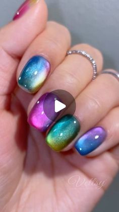 Jelly Nails With Cat Eye, Cateye Ombre Nail, Rainbow Cats Eye Nails, Bright Cat Eye Nails, Holographic Cat Eye Nails, Summer Cat Eye Nails, Rainbow Cat Eye Nails, Magnetic Nails Design, Cats Eye Nails