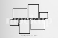 a white wall with four square frames on the top and one rectangular frame above it