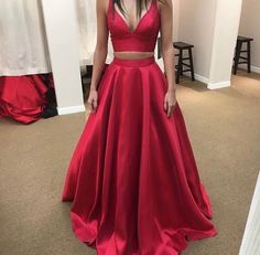 This Dress is fashionable for every occasion. the dress is made-to-order by professional tailors. You can choose from 50 colors, Regular sizes 2 to 16 and plus sizes 14w to 26W. Custom size is also available.. The product details: Color: Red, Silhouette: A-Line, Neckline: V-Neck, Waistline: Natural Waist, Length: Long, Primary Fabric: Satin Prom Dress Satin, Satin Formal Gown, Two Piece Prom Dress, Blush Prom Dress, Red Formal Dresses, Red Prom Dress Long, Two Piece Prom, Pageant Gown, Two Piece Gown