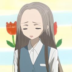 an anime character with long hair standing in front of flowers