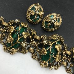 1940s Art Deco Green Rhinestone Chunky Bracelet Clip-on Earrings Set, Victorian Revival Jewelry Set, Gift for Jewelry Lover - Etsy Victorian Style Metal Clip-on Jewelry, Vintage Green Evening Jewelry, Clip-on Costume Jewelry For Vintage Events, Antique Clip-on Jewelry For Vintage Events, Victorian Style Clip-on Jewelry For Vintage Events, Antique Clip-on Jewelry For Parties, Vintage Green Jeweled Earrings, Green Metal Clip-on Jewelry, Green Clip-on Metal Jewelry