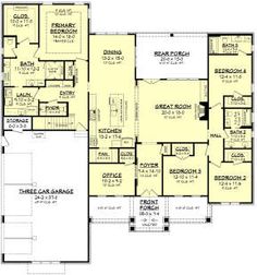 the first floor plan for a house with two master suites and an open concept kitchen