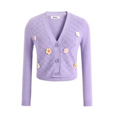 The long sleeves provide warmth and versatility, making it the perfect addition to your wardrobe for any season. Made from high-quality polyester, this cardigan offers a lightweight and breathable feel, ensuring optimal comfort throughout the day. The enchanting shade of purple adds a touch of elegance, making this cardigan a standout piece for any occasion. Its knitting floral pattern showcases intricate craftsmanship and adds a feminine charm to your outfit. The striped cuffs provide a subtle Trendy Purple V-neck Cardigan, Lavender V-neck Cardigan For Fall, Purple V-neck Fall Cardigan, Purple V-neck Cardigan For Winter, Spring Layering Long Sleeve Sweater, Spring Long Sleeve Sweater For Layering, Long Sleeve Sweater For Spring Layering, Solid Long Sleeve Spring Sweater, Long Sleeve Spring Sweater