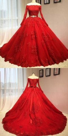 Red Fitted Wedding Dress For Quinceanera, Elegant Red Long Sleeve Ball Gown, Elegant Long Sleeve Red Ball Gown, Red Long Sleeve Ball Gown For Banquet, Red Quinceanera Gown With Sweep Train, Red Ball Gown Wedding Dress For Banquet, Red Gown With Sweep Train For Quinceanera, Red Ball Gown With Fitted Bodice For Wedding, Red Sweep Train Gown For Quinceanera