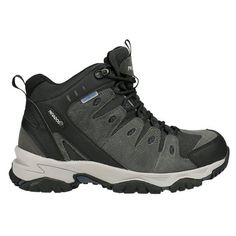 the men's hiking shoe is grey and black