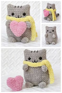 crocheted stuffed animals are shown in four different poses, including one holding a heart