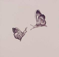 two butterflies flying in the sky with one being drawn on it's back side