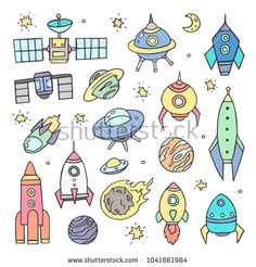 an image of various space related items in the style of doodles on white background