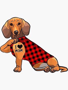 a dachshund dog wearing a red and black plaid shirt with i love mom written on it