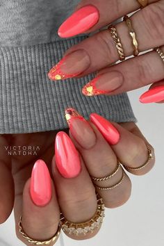 This post is about coral nails! Gorgeous coral nail shades are the first color that I think of when it comes to a pretty summer nail idea, and there are so many different ways to wear a stunning coral nail that fits perfectly into whatever summer mani look you’re going for! This list of 33 coral nails includes tons of solid coral nails in a variety of different shapes and lengths, bright neon coral nail ideas perfect for a summer festival manicure, and unique coral nail designs you need to try! Pretty Coral Nails, Summer Glitter Nail Ideas, Neon Coral Nails Design, Coral Almond Nails, Coral And Gold Nails, Festival Nails Summer