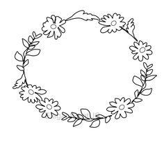 a flower wreath with leaves and flowers on it, drawn in black ink by hand