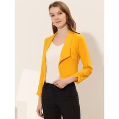 Be perfectly polished in this Regular Fit notch-lapel blazer designed in solid color and crop length. Show off your business style in this Allegra K notched lapel crop blazer. Style it with your trousers and heels to be a spotlight. This smart collarless blazer features an angled hem that is shorter in the back for a fashionably cool look. Classic OL style, you can wear it year-round. Fitted Notch Lapel Blazer In Solid Color, Fitted Blazer With Notch Lapel In Solid Color, Fitted Solid Color Blazer With Notch Lapel, Fitted Solid Color Blazer For Office, Notch Lapel Solid Color Blazer For Work, Business Casual Solid Color Blazer, Tailored Solid Color Blazer For Work, Spring Career Blazer In Solid Color, Tailored Blazer With Notch Lapel In Solid Color