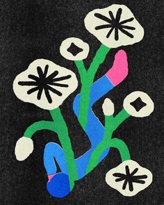 a black background with white and blue flowers in the shape of an upside down figure