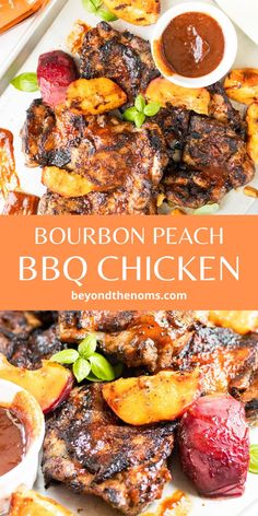 bourbon peach bbq chicken on a white plate with barbecue sauce and grilled potatoes