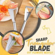 an advertisement for sharp triangular blade cut flowers neatly