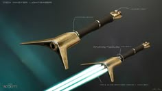 two different types of lightsabers are shown in this image, one is gold and the other is black