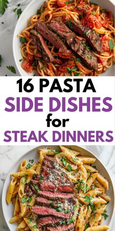 two plates with steak and pasta on them, the top one has parmesan cheese