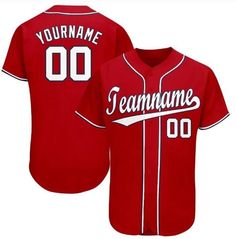 a red baseball jersey with the name and number on it, that says teamnames