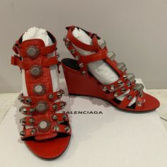 100 % Authentic Balenciaga Giant Silver Wedge Gladiators Sandal - Color: Rouge Vermillon (Red/Orange) - Size: 36 - 4" Heel - Brand New, Never Worn - Original Box And Dust Bag Are Included Designer Platform Wedge Sandals, Designer Red Platform Sandals, Red Leather Wedge Sandals For Party, Designer Wedge Sandals For Summer, Designer Sandals With Red Sole For Summer, Designer Wedge Sandals For Spring, Designer Spring Wedge Sandals, Spring Designer Wedge Sandals, Designer Wedge Sandals