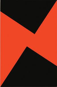 an orange and black square with two diagonals on the bottom, against a white background