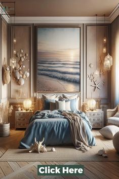 the bedroom is decorated with seashells and shells