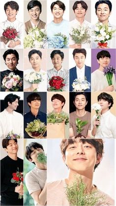 many different images of young men with flowers in their hair