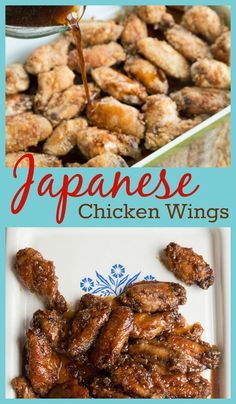 chicken wings with sauce being drizzled over them and the words japanese chicken wings on