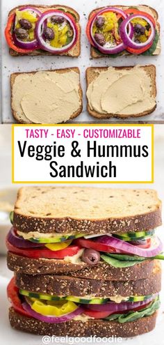 an easy and delicious veggie and hummus sandwich made with toasted bread