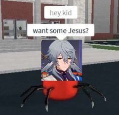 a spider is sitting in front of a sign that says hey kid want some jesus?