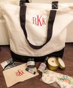 This personalized spa day tote is the perfect gift for someone special in your life. Gift includes monogrammed tote and makeup bag, candle, sleep mask, comb, rosewater spray, lip scrub and lip balm.