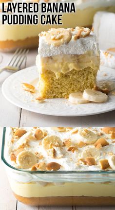 layered banana pudding cake on a white plate