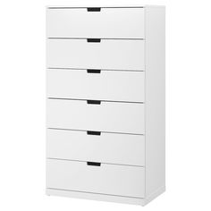 a white dresser with five drawers and black handles on it's sides, against a white background