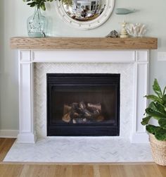 a living room with a fire place and potted plants on the mantel above it