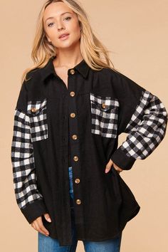 Buffalo Plaid is a must! This cute colorblock button down is going to be a closet favorite. Relaxed, oversized fit makes a great layer over graphic tees, tank, or tees! 70% Polyester, 30% Acrylic Apricot Lane Boutique, Styling Guide, Apricot Lane, Plaid Sleeve, Basic Tops, Oversized Shirt, Buffalo Plaid, Oversized Fits, Shirt Jacket