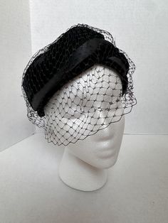 This was my grandmothers black velvet pill box hat.  There are two small holes in the netting but these are hardly noticeable. Perfect for a 1950's film prop or photoshoot.  The hat is about 7.5" in diameter. Black Hat Veil, Black Hat With Veil, Hat Veil, Pill Box Hat, Hat With Veil, Film Props, Box Hat, Pillbox Hat, Black Veil