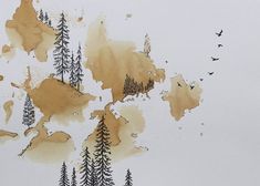 watercolor painting of trees and birds flying in the sky with brown spots on them