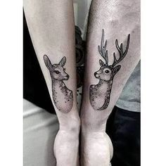 two people with matching tattoos on their legs, one has a deer and the other has an antelope