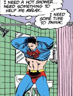 a comic character is in the shower with his head down and hands on his hips