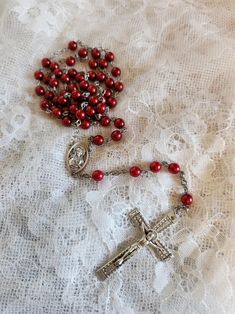 Sacred Heart Rosary - Etsy Handmade Red Rosary With Cross, Red Crucifix Rosary As Gift, Handmade Red Cross Rosary, Handmade Red Rosary, Spiritual Red Crucifix Rosary, Simple Wedding, Sacred Heart, Simple Weddings, Rosary